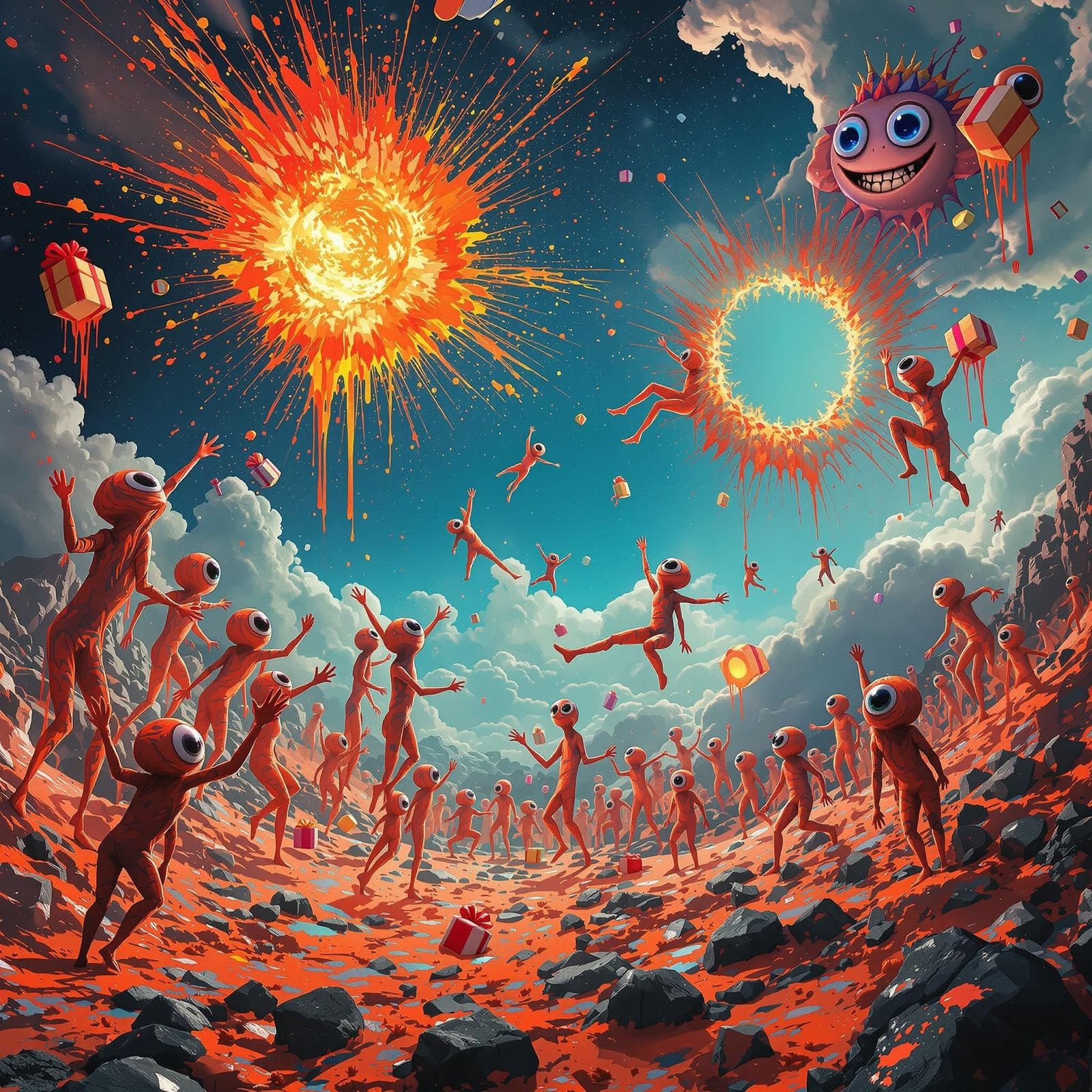 Surreal Alien Landscape with Vibrant Figures