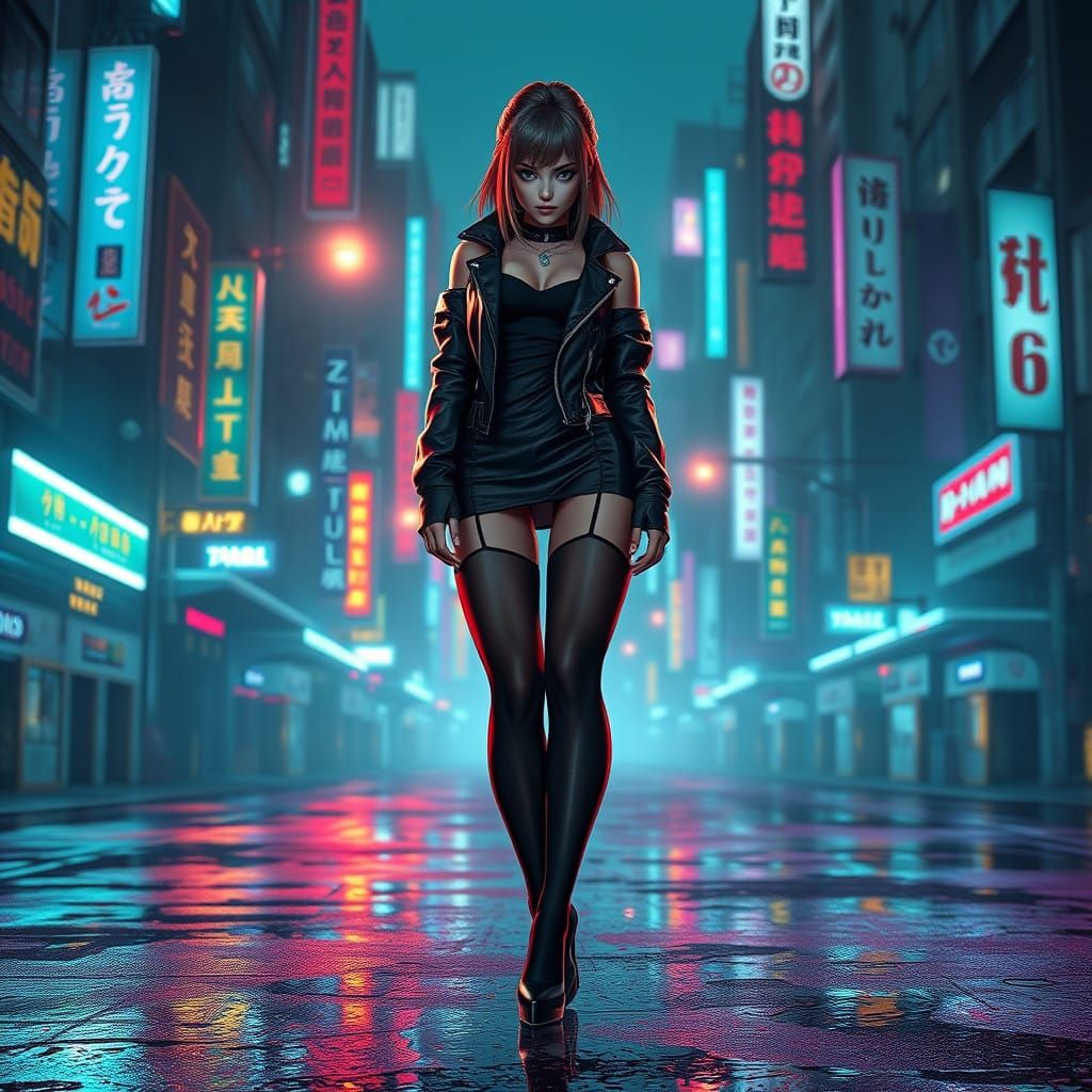 Confident Dystopian Girl in High Heels and Pantyhose, Inspir...