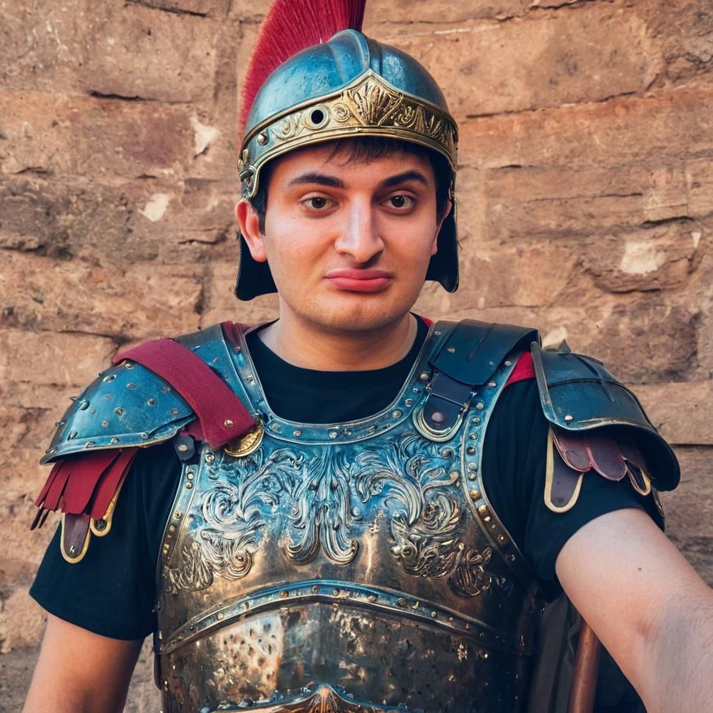 Young Boy in Roman Armor and Legionary Gear