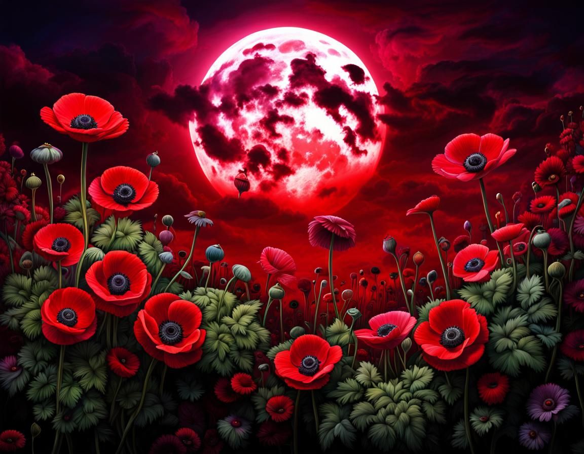 High Gothic Anemones under Blood Moon in Tim Burton Style