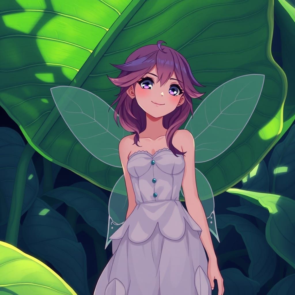 Anime Fairy Sheltered Under Giant Leaf
