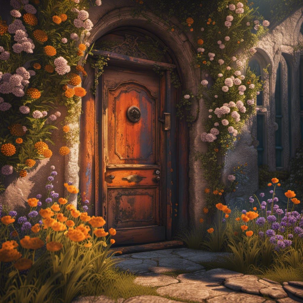 Old Door with Wildflowers as Fantasy Art