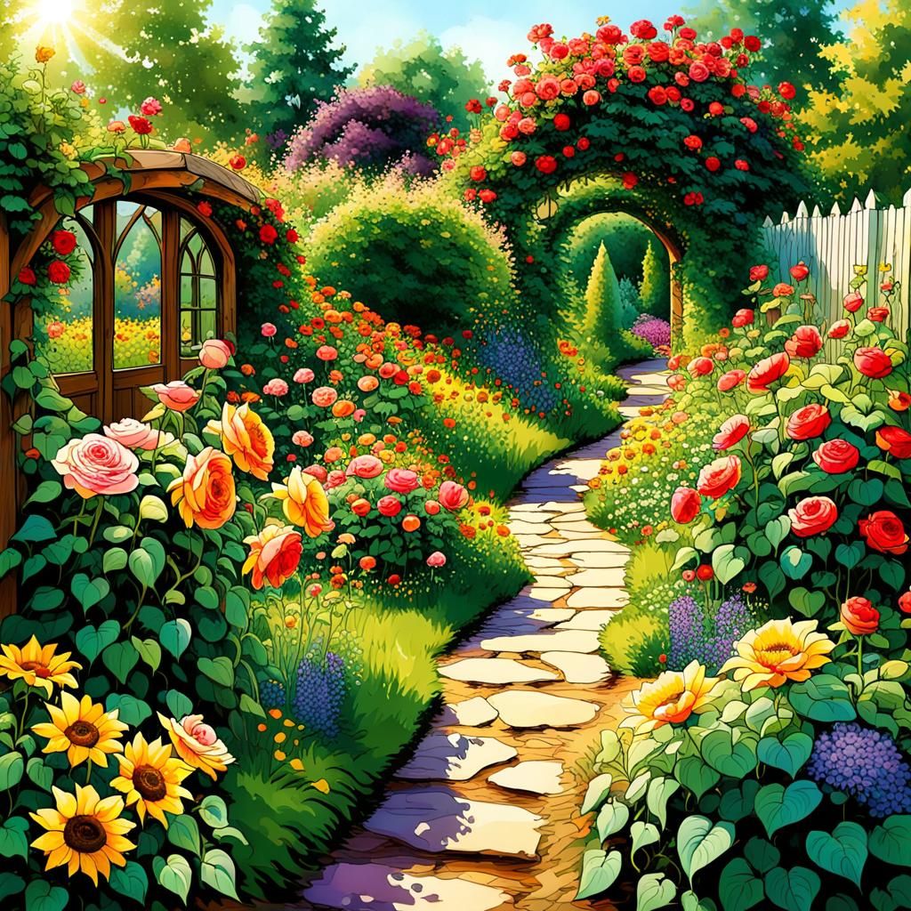 Lush Garden with Roses: Fantasy Concept Art