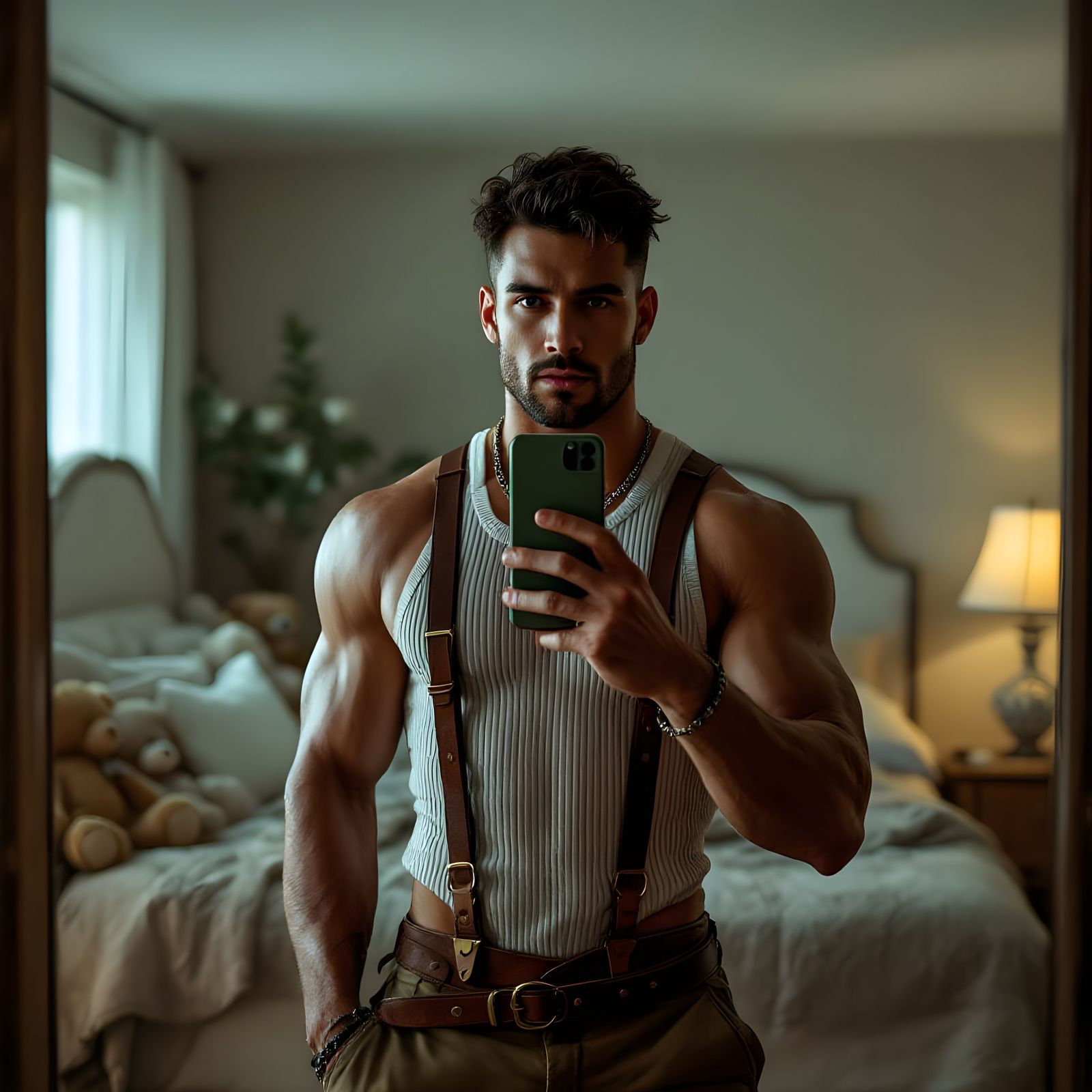 Muscular Man Takes Confident Selfie in Dimly Lit Bedroom