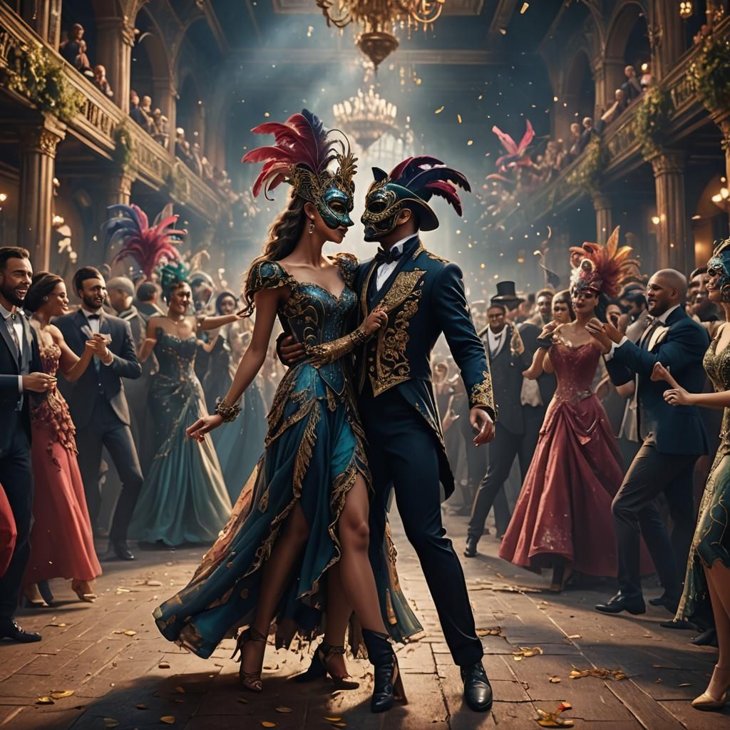 Elegant Masquerade Ball Couple Dancing: Fantasy Concept Art