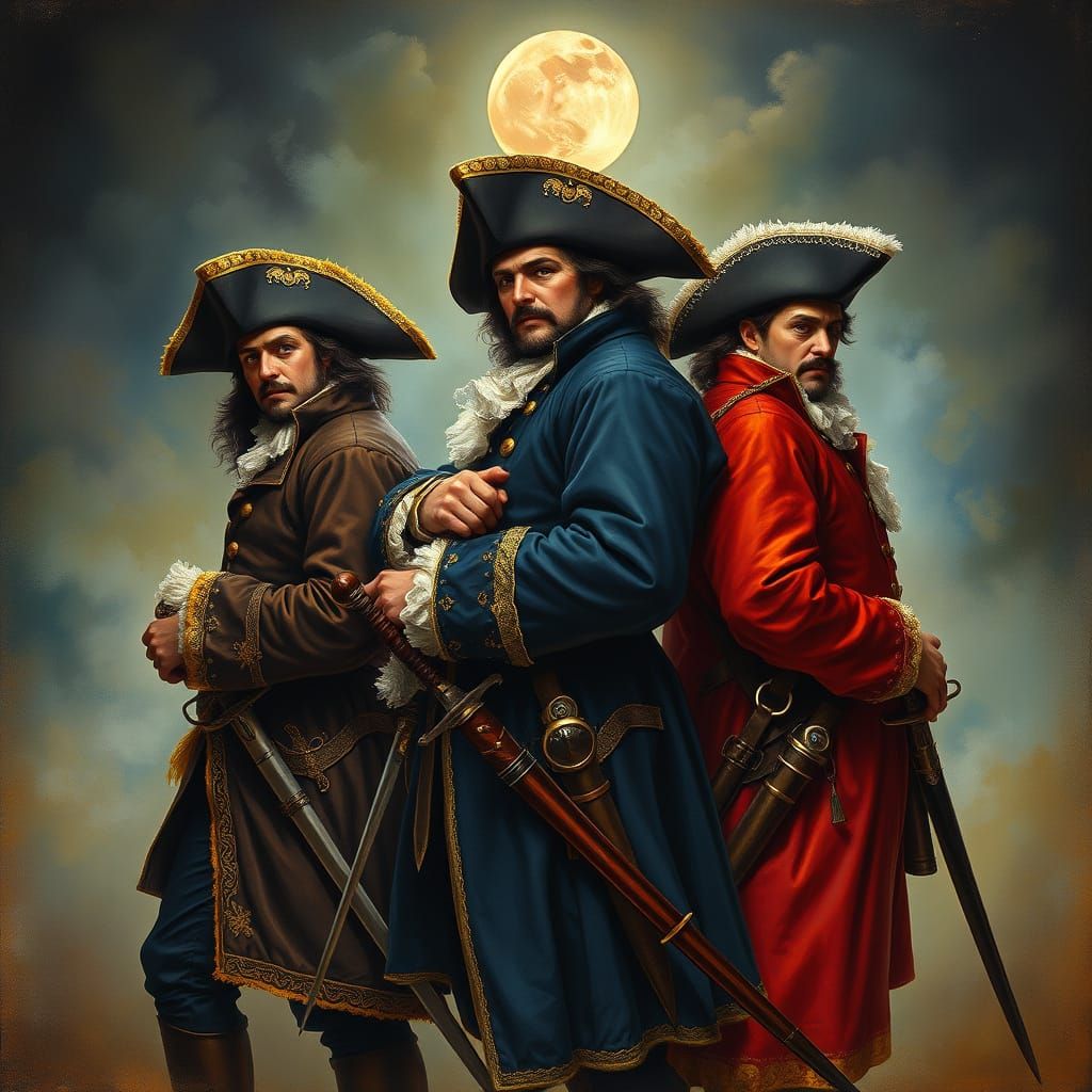 Musketeers in Moonlit 17th Century Paris, in Romantic Style