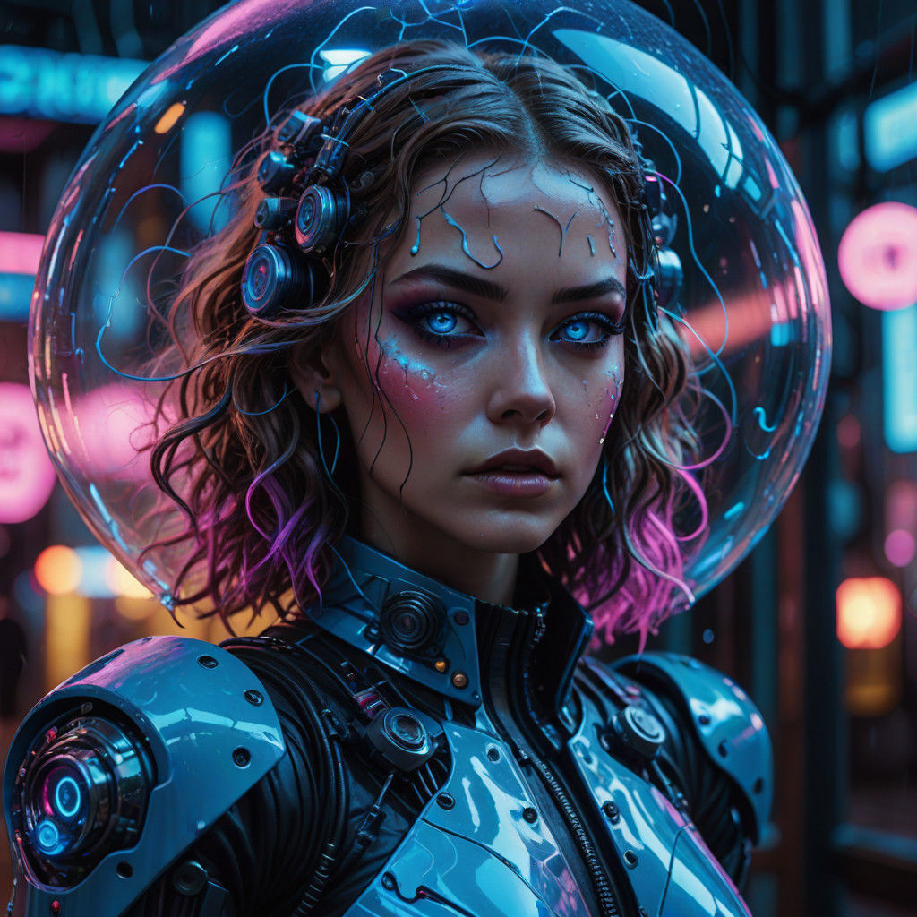Gritty Cyberpunk Woman in Neon Bubbles