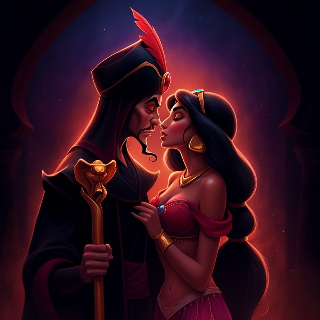 Elegant Princess Kissing Dark Sorcerer in Mystical Palace Se...