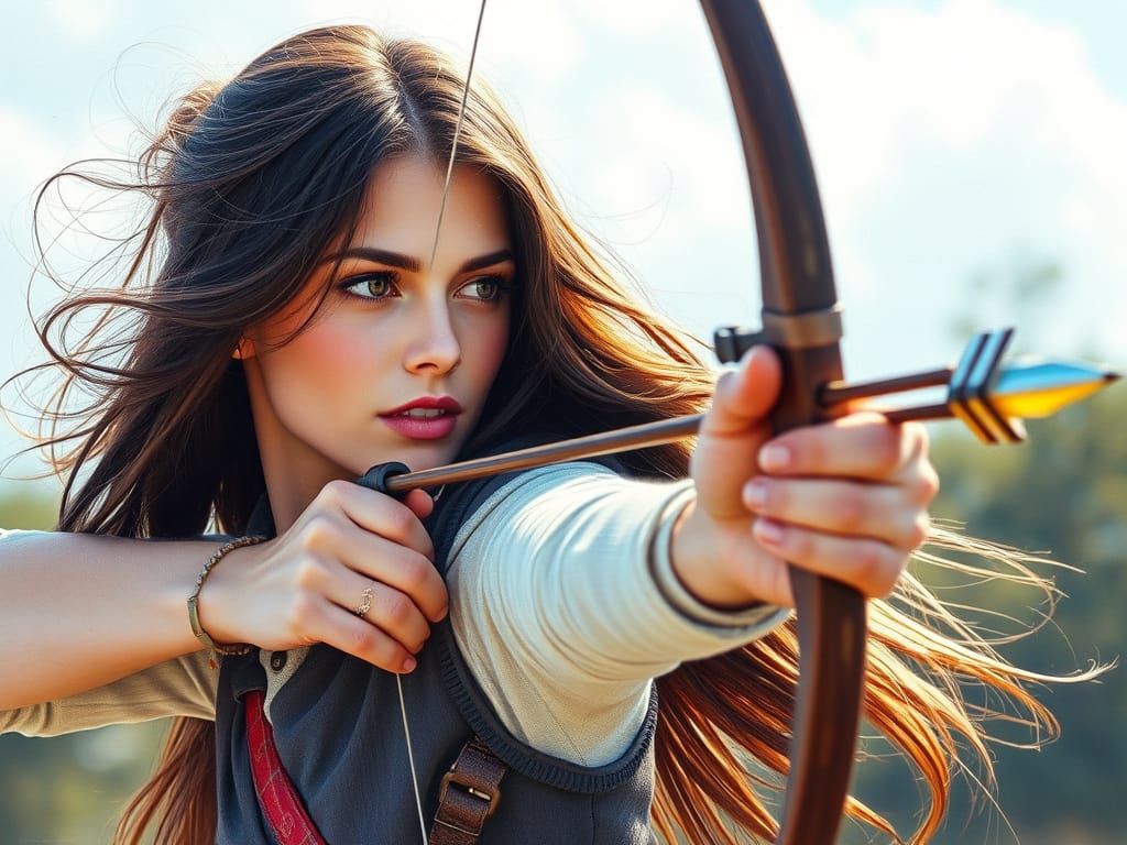 Elegant Female Archer in Determined Stance, Wind-Blown Hair