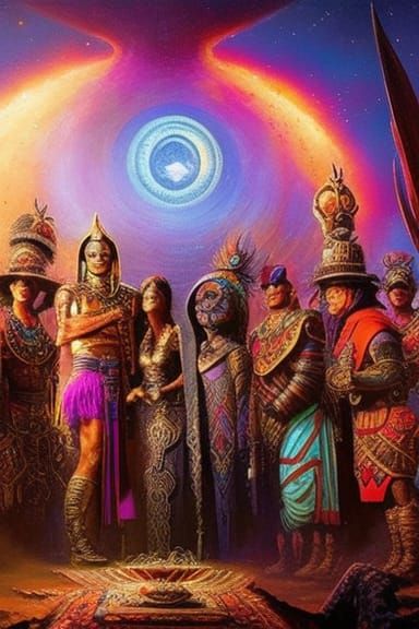 Aztecs Greet an Alien in Fantasy Art Style