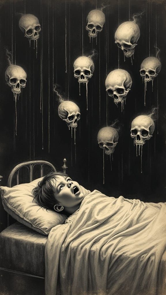 Terrified Child Surrounded by Ghostly Skulls in Scratchboard...