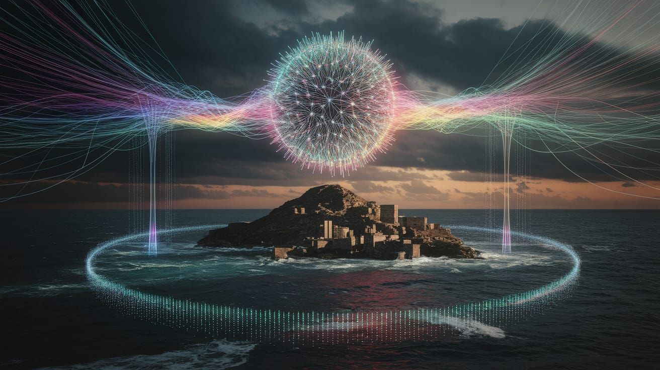 Island with Radiant Crystal Under Stormy Sky