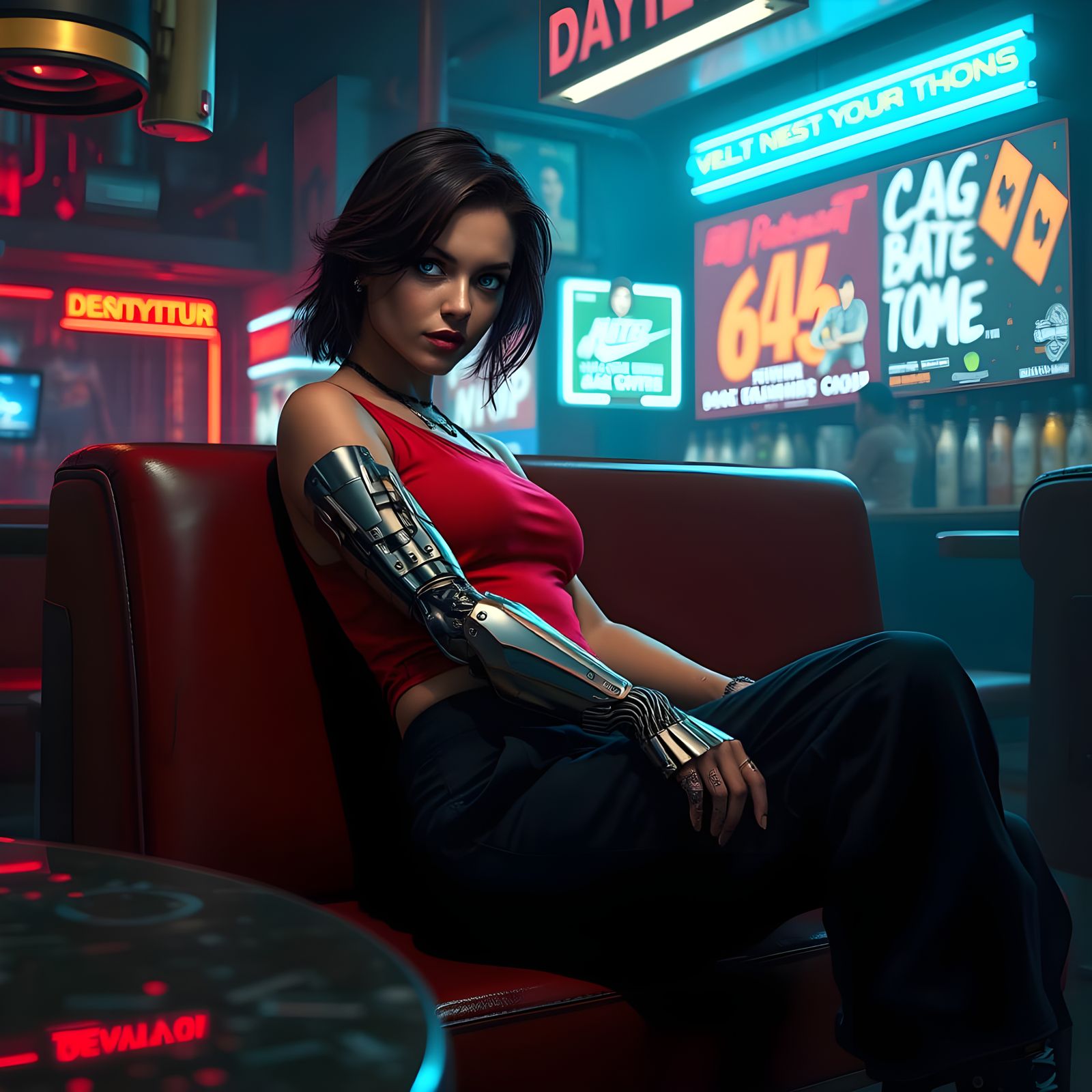 A dark brown haired woman wear a red tank top and black cargo pants with a full silver cybernetic right arm and glowing ...