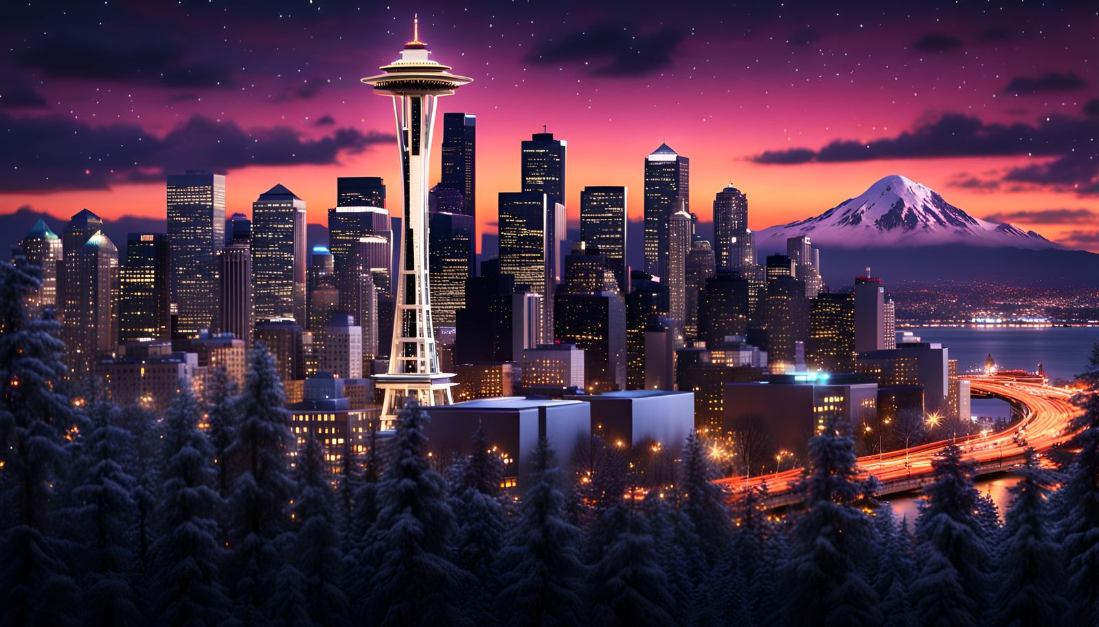 Seattle Night Skyline: Detailed Matte Painting