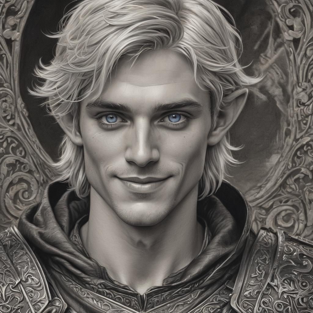 Handsome Half-Elf Portrait in Charcoal Drawing Style