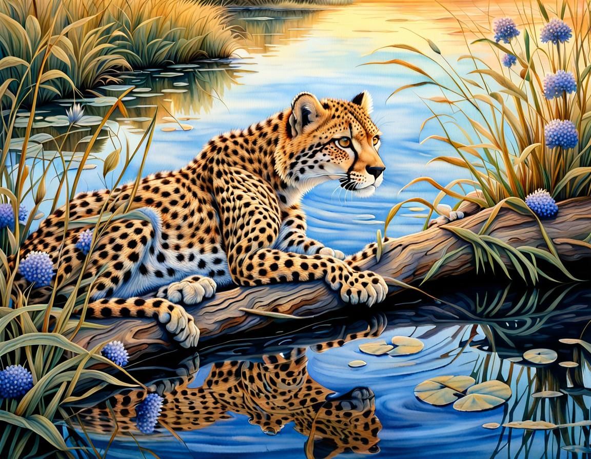 Silk Cheetah in Jungle: Dreamy Watercolor Art