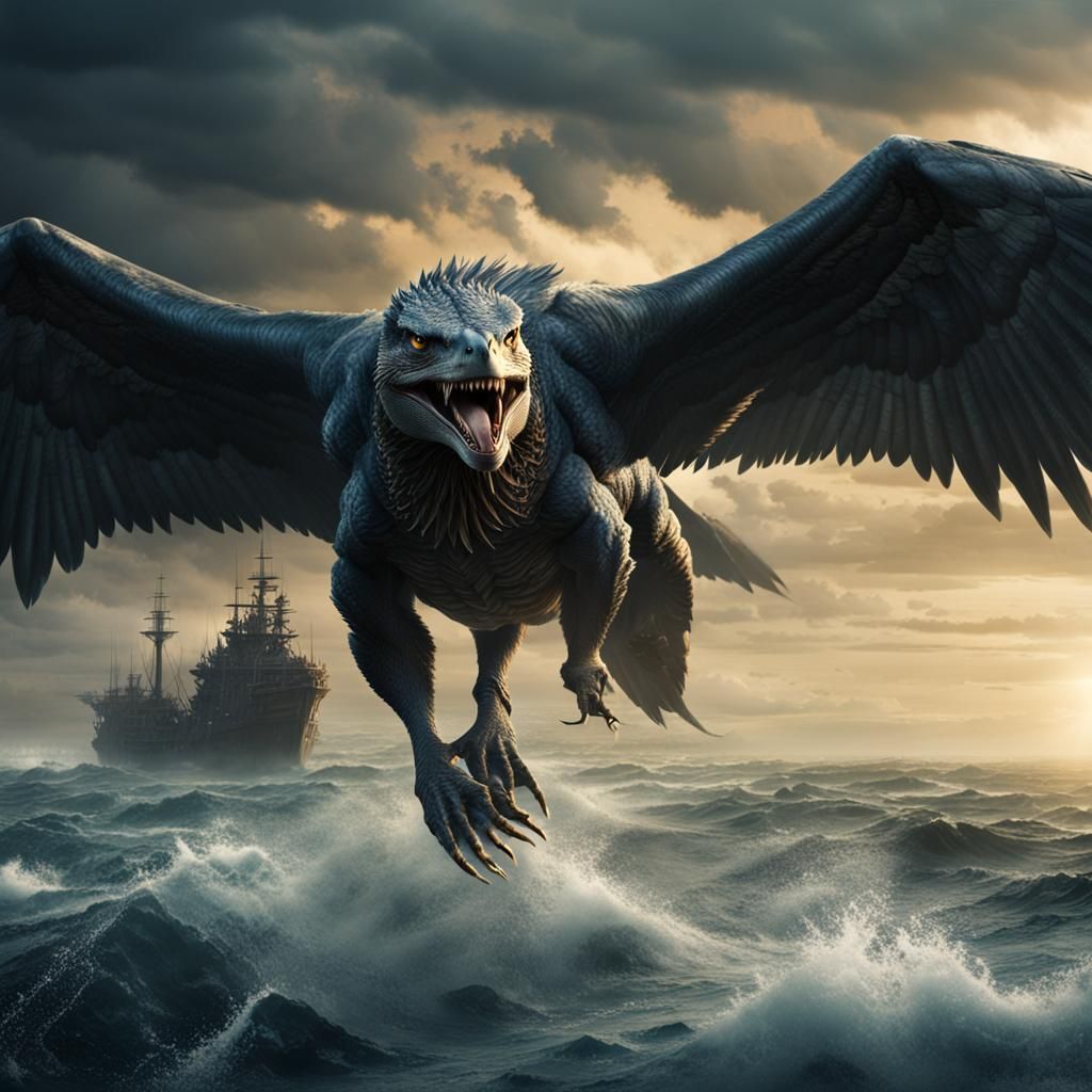 Giant Raptor Hunting Souls Over Black Sea