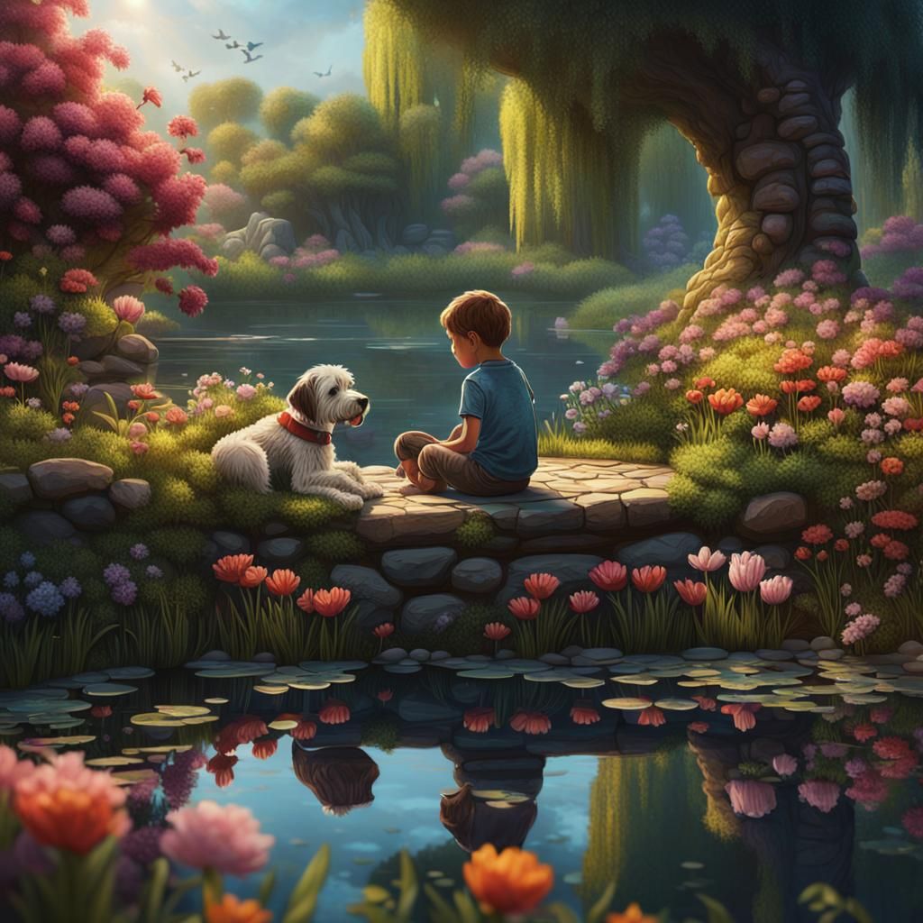 Child and Dog by Pond: Impasto Matte Painting