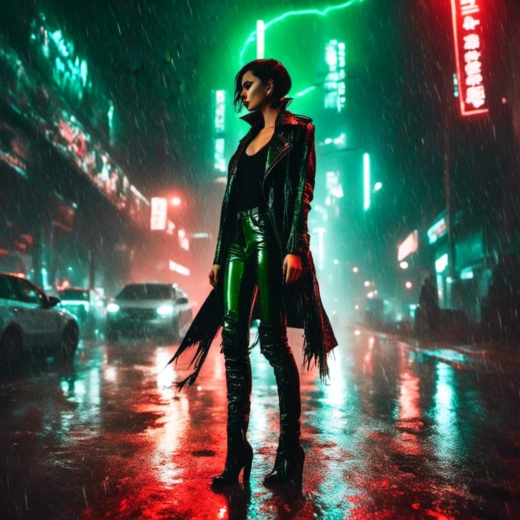 Cyberpunk Cityscape with Raven-Haired Beauty