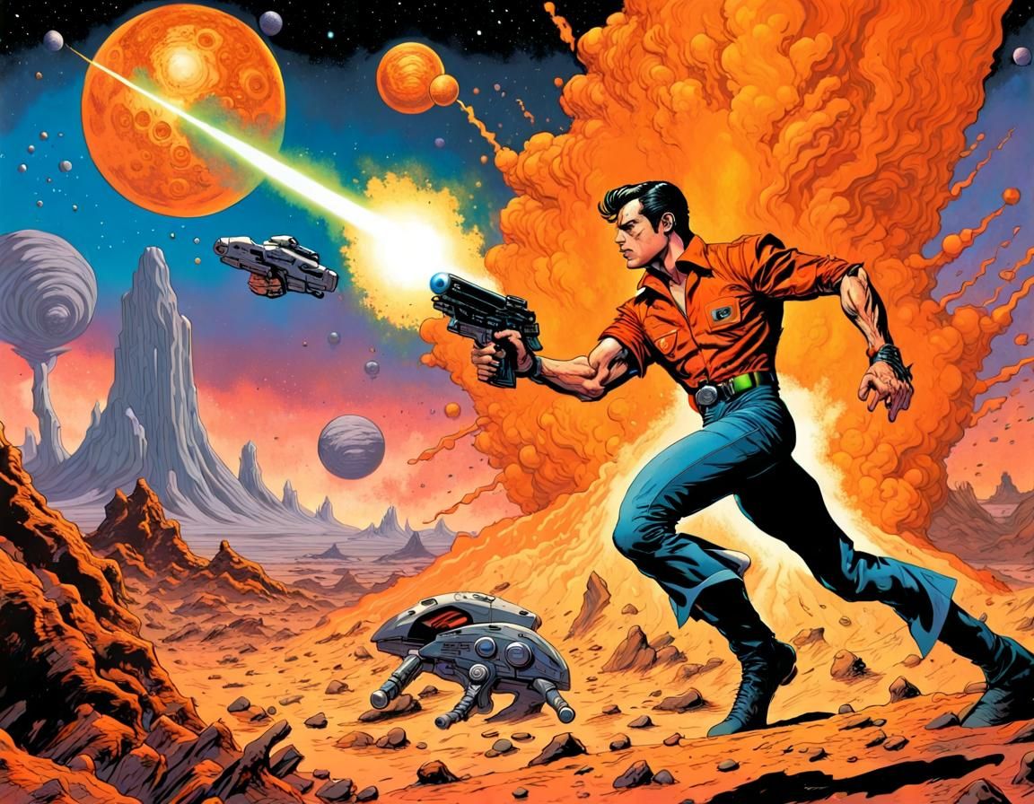 Pulp Action Hero on Alien World in Comic Style