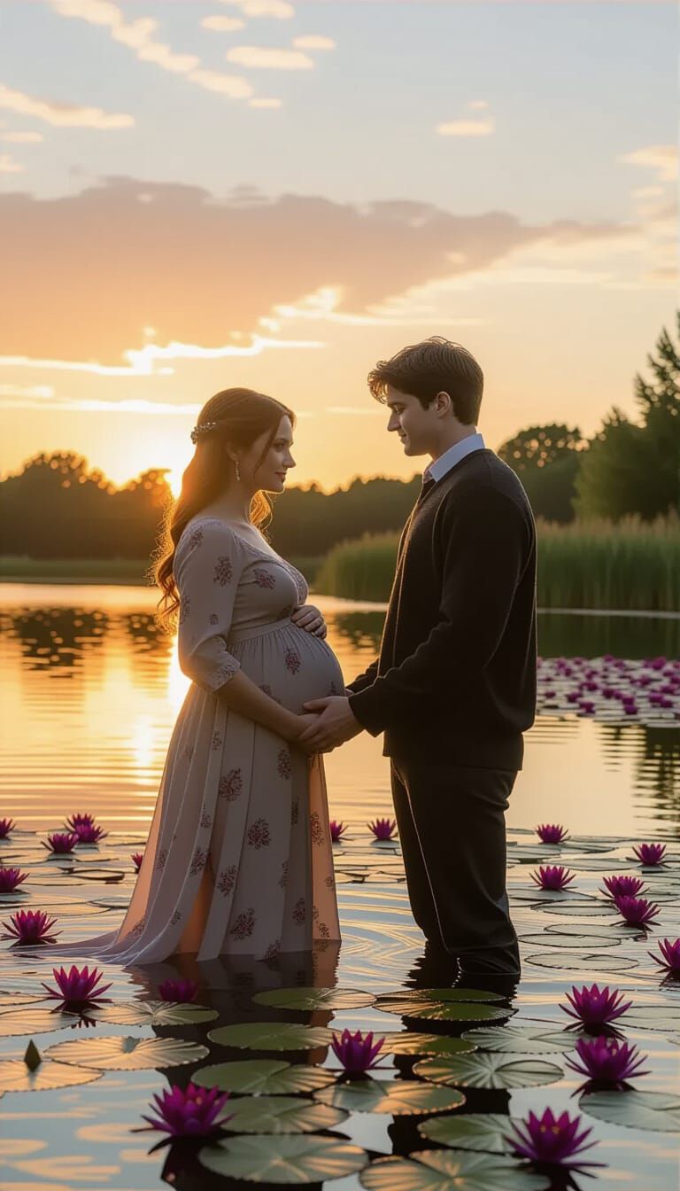 Pregnant Ginny and Harry at Sunset: Cinematic Film Still