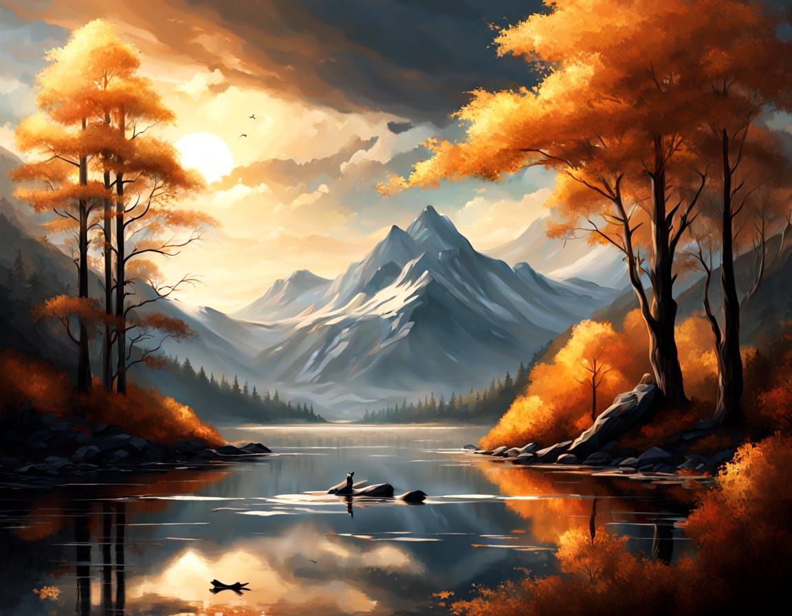 Golden Hour Sunset Over Tranquil Lake and Hills