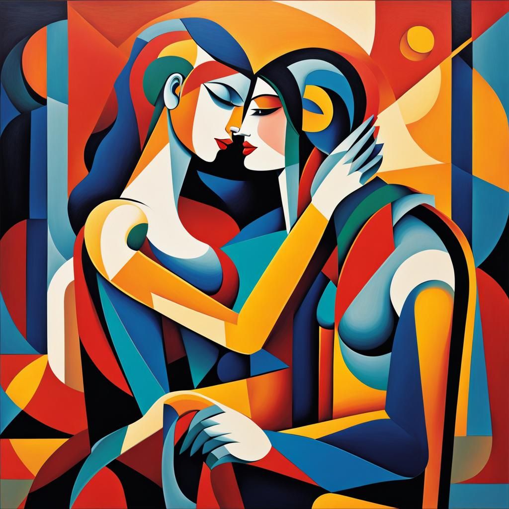 Cubist Lovers in Geometric Fauvism Style