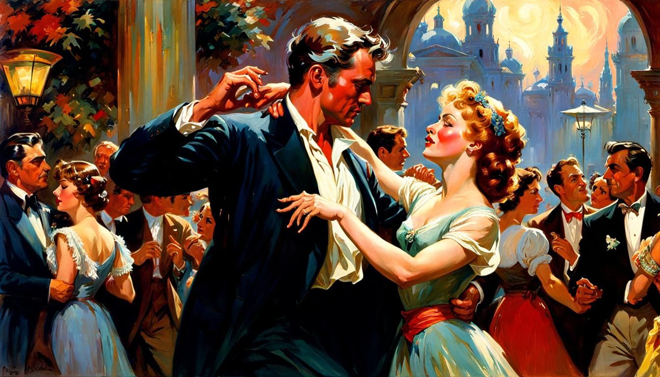 Romantic Dance in Golden Age Illustration Style