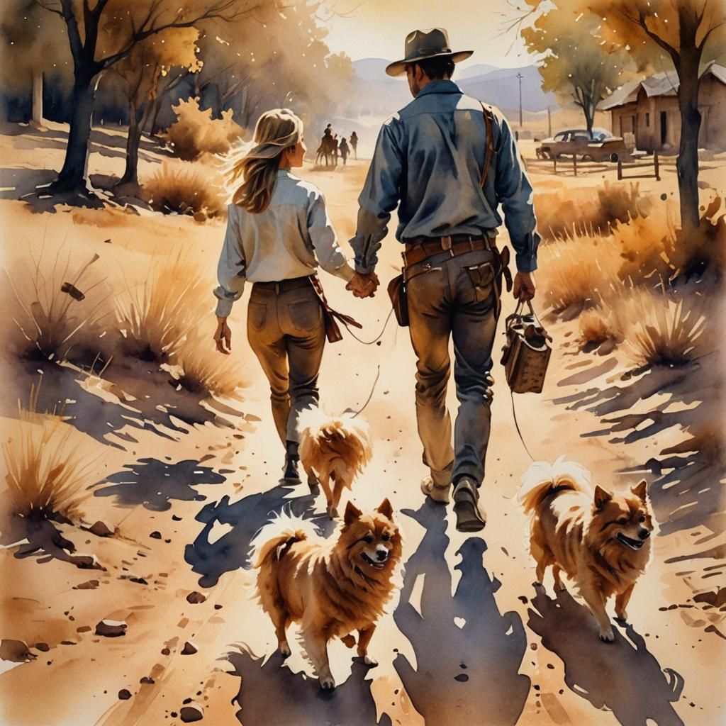 Wild West Watercolor Painting with German Spitz Dogs
