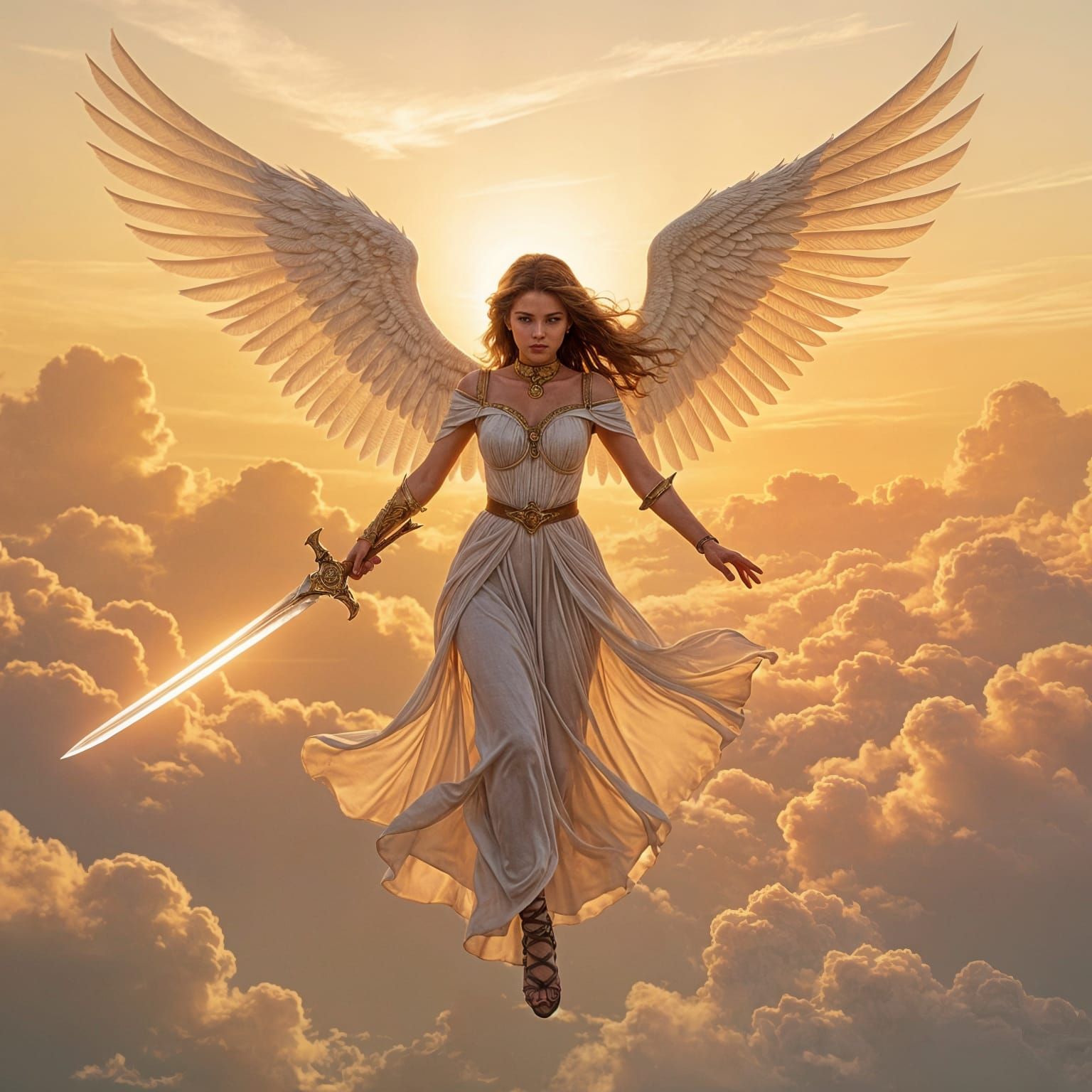 Angel Warrior Soars at Sunset with Sword
