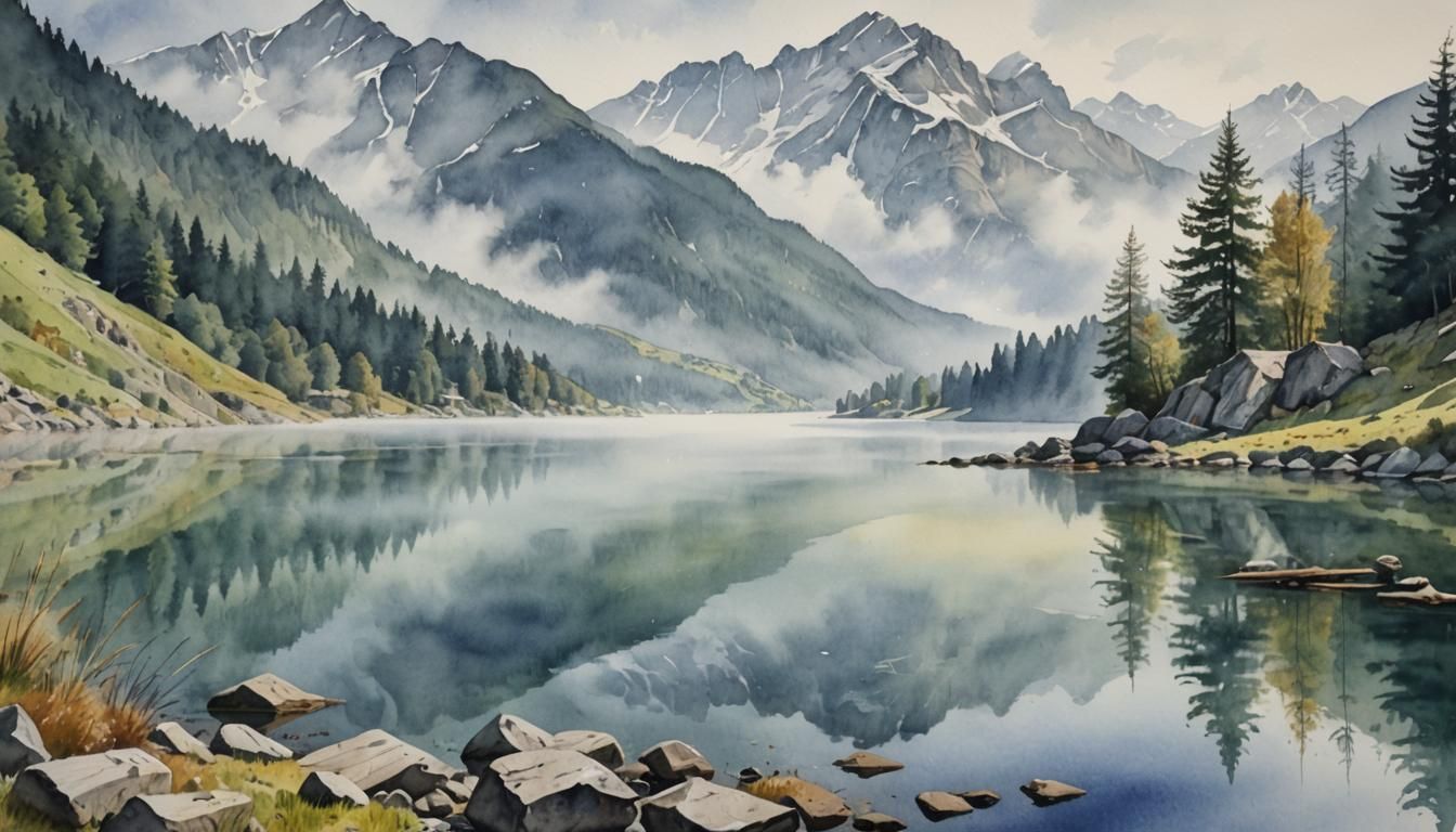 Foggy Mountain Lake: A Watercolor Still Life