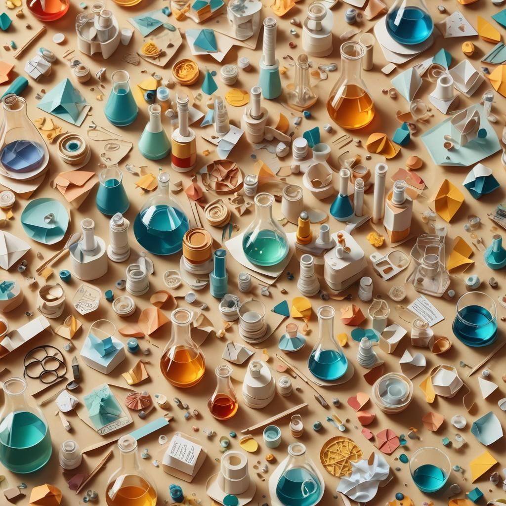 Whimsical Paper Collage of a Chemistry Lab in Warm Autumn To...