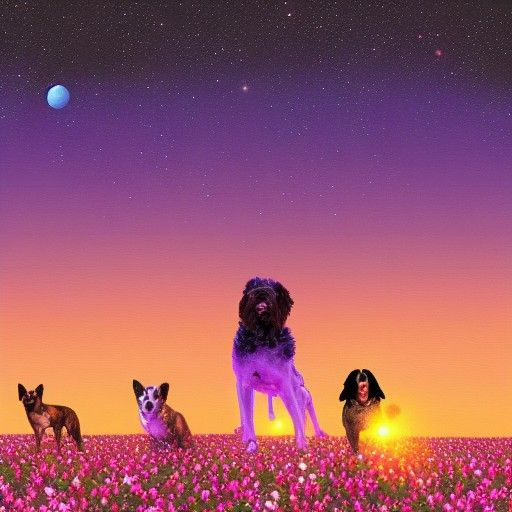 Dogs Playing in Flower Field at Sunset