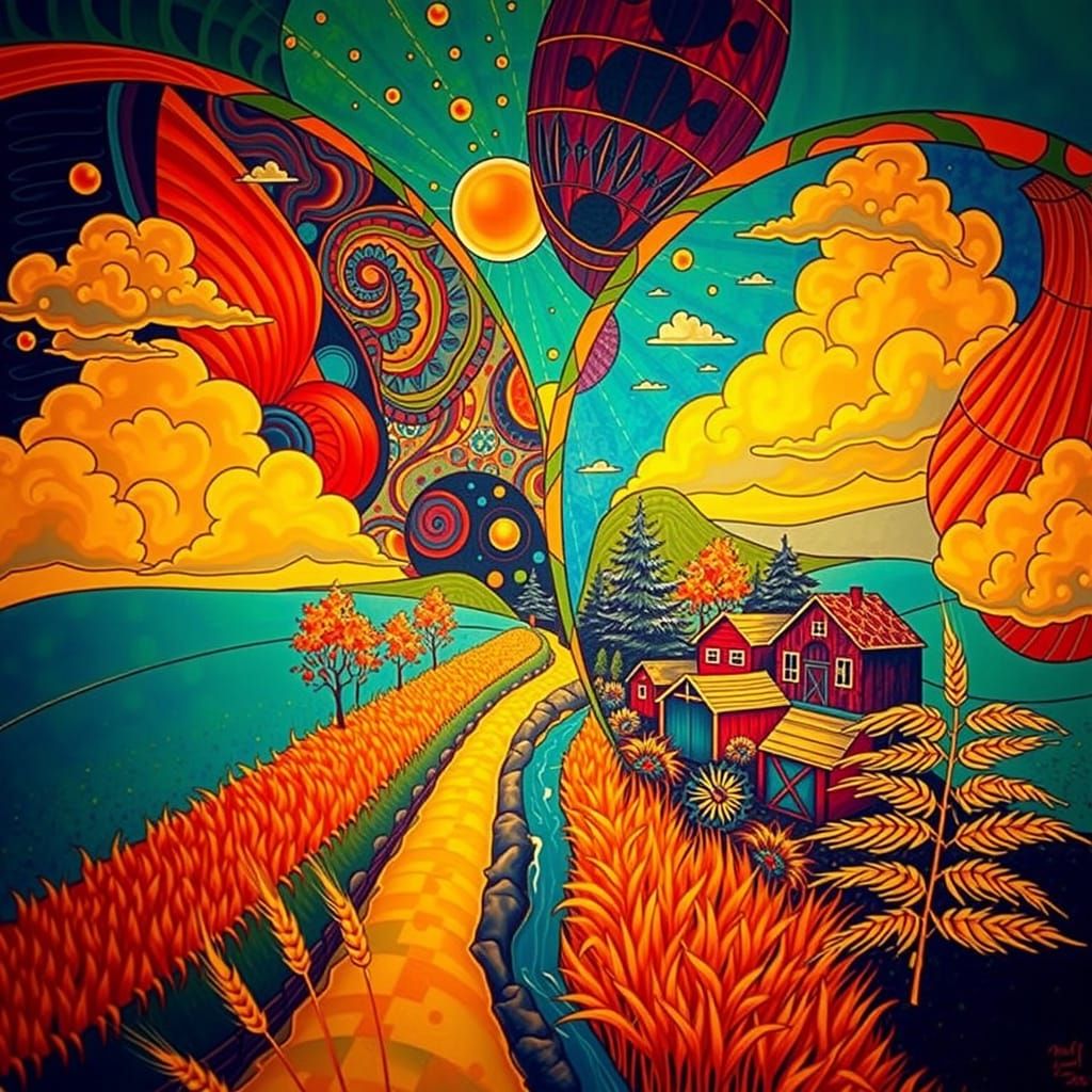 Golden Hour Landscape with Wheat Fields and Mountains