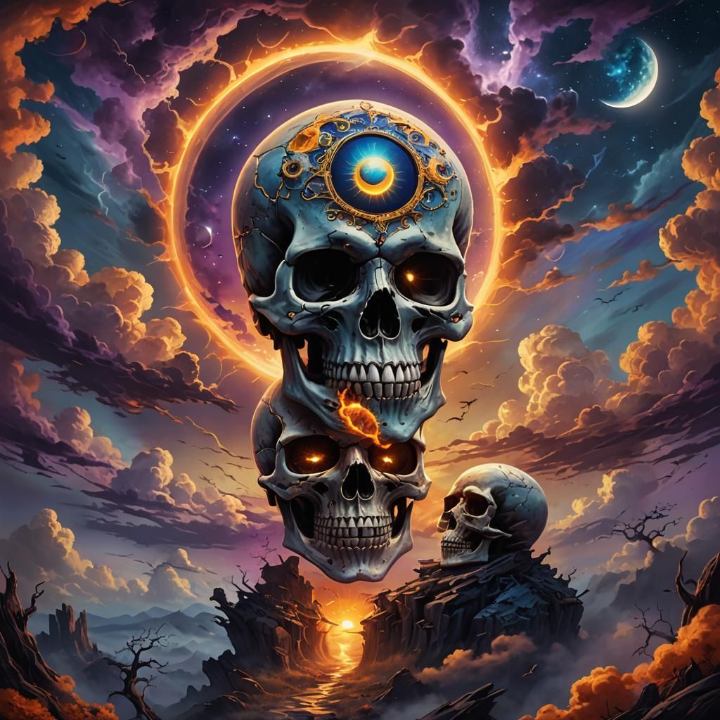 Sun and Moon Skulls in Enchanted Sky: Fantasy Art
