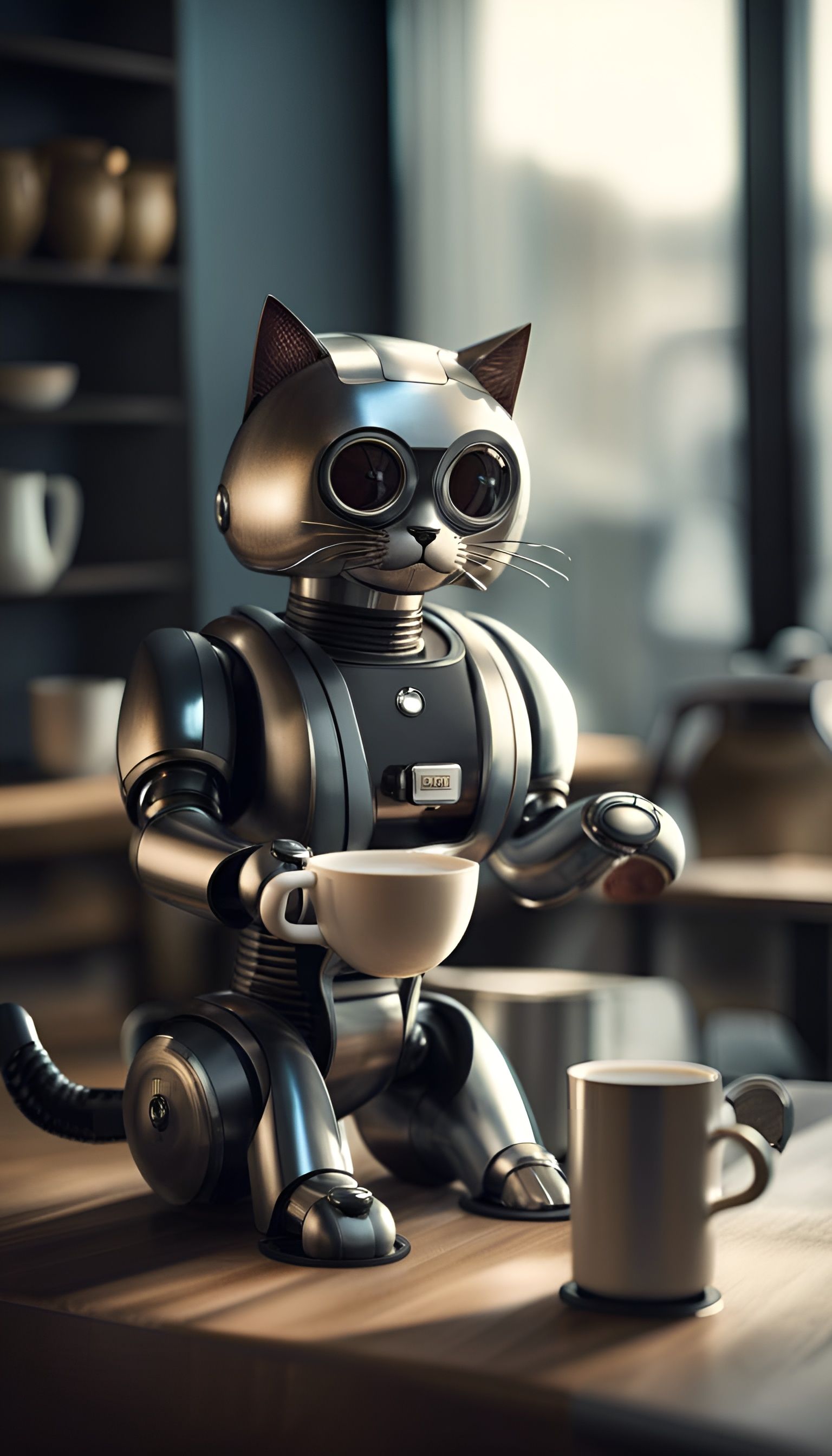 Robotic Cat Serving Coffee: A Digital Illustration