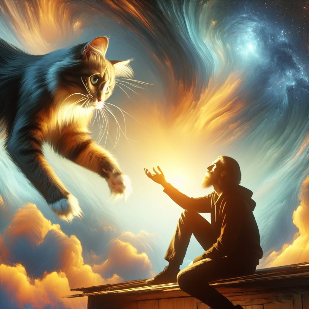 calm  energy of the sky as cat ,  playful encounter with human Hyperrealistic, splash art, concept art, mid shot, intric...