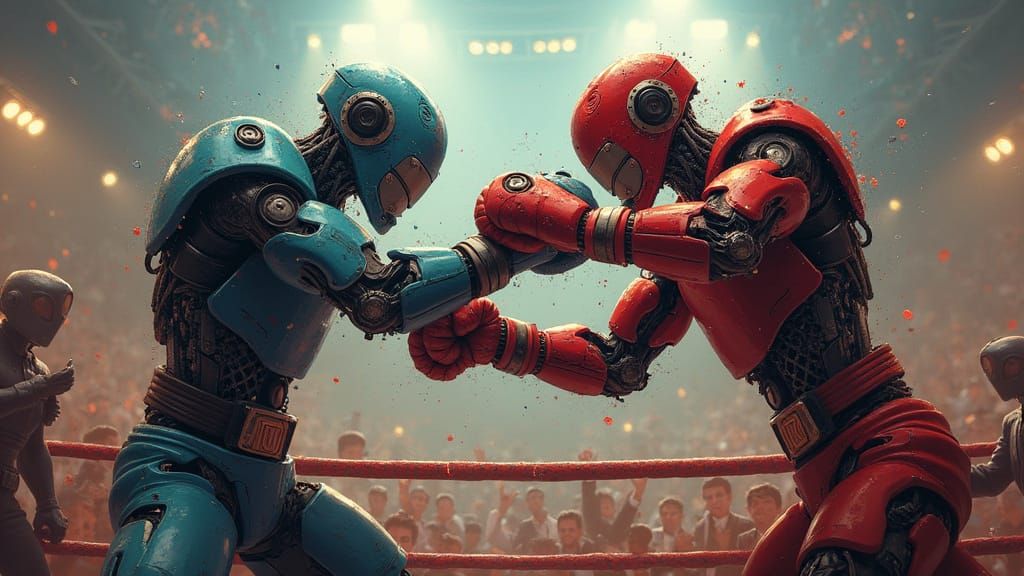 Robots Boxing Match in Crowded Arena: Hyperrealistic Art