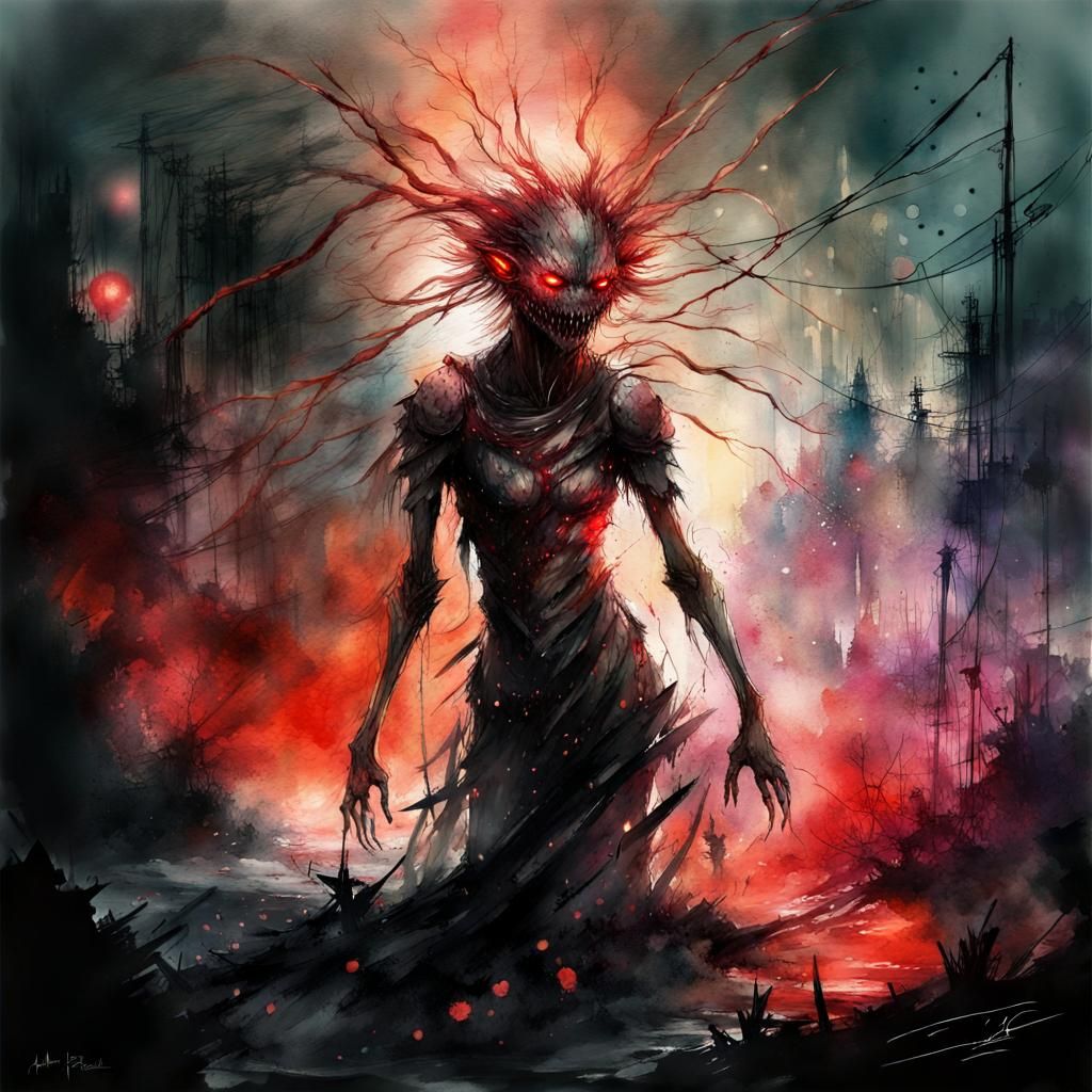 Scary Evil Space Monster in Digital Watercolor