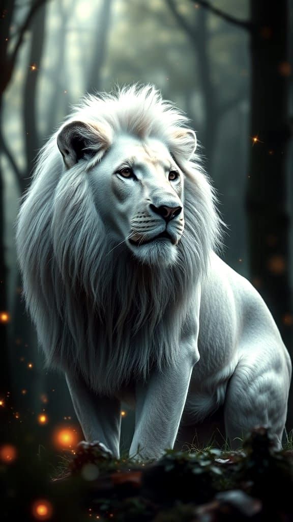 White Lion in a magical scenery. Sparkles and mystcial in Fo...