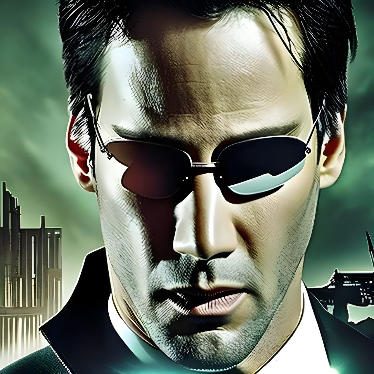 Neo in The Matrix in Neo-Primitivism Style