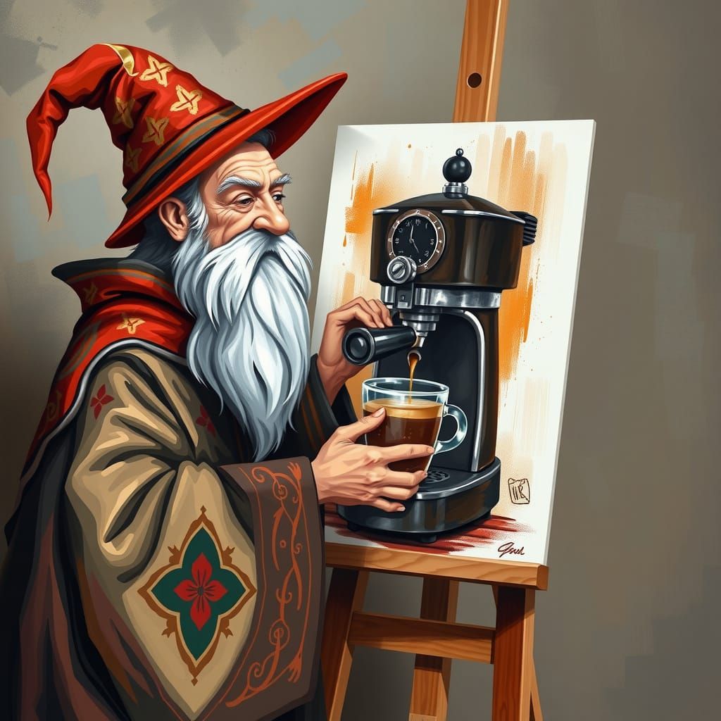 Wizard Paints Coffee Machine, Fills Cup From Art