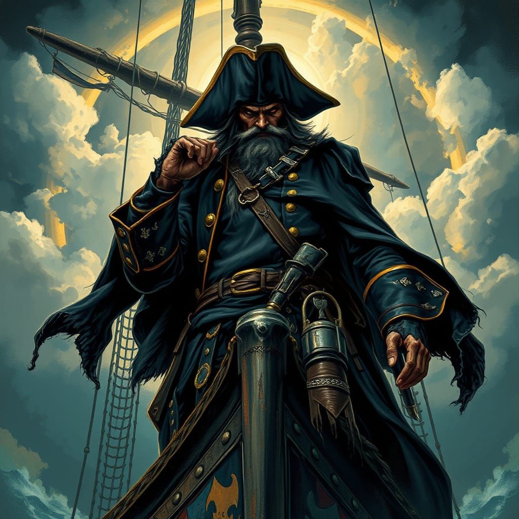 Swashbuckling Pirate Captain in a Haunting Stormy Landscape