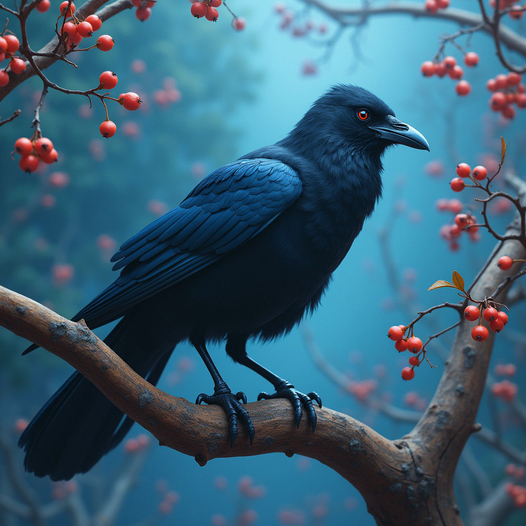 Majestic Crow on Branch with Berries: Fantasy Concept Art