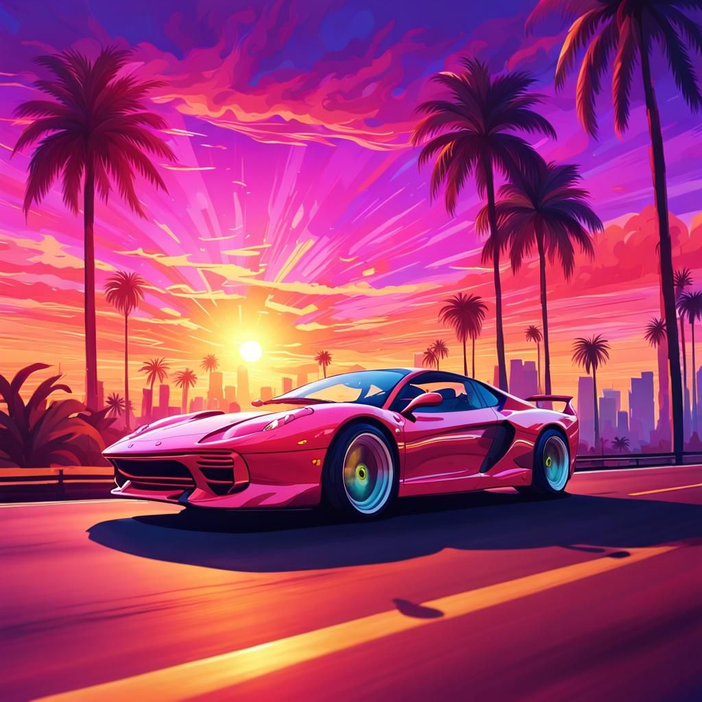 Ferrari Sunset Drive in Vaporwave Style