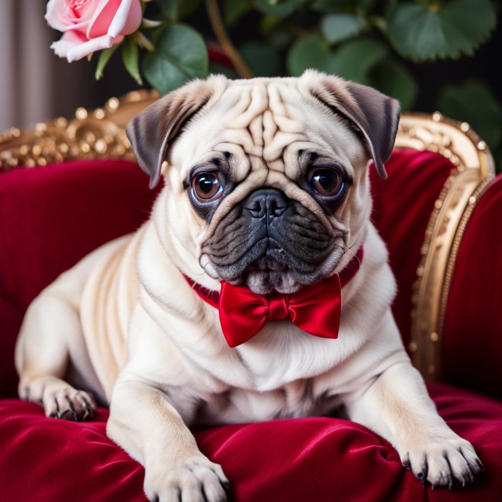 White Pug Portrait with Red Cushion, Oil Painting Style