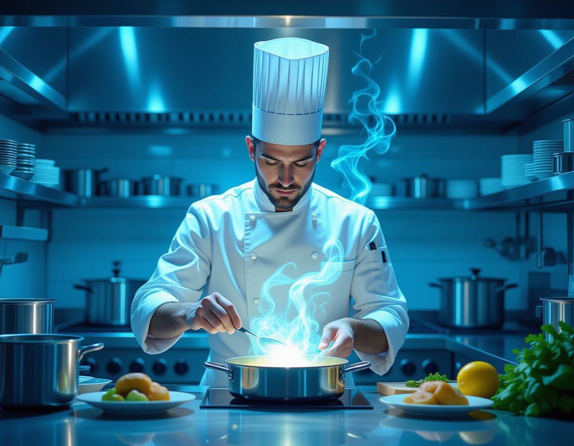Elegant Chef Cooks Feast With Magic in Professional Kitchen