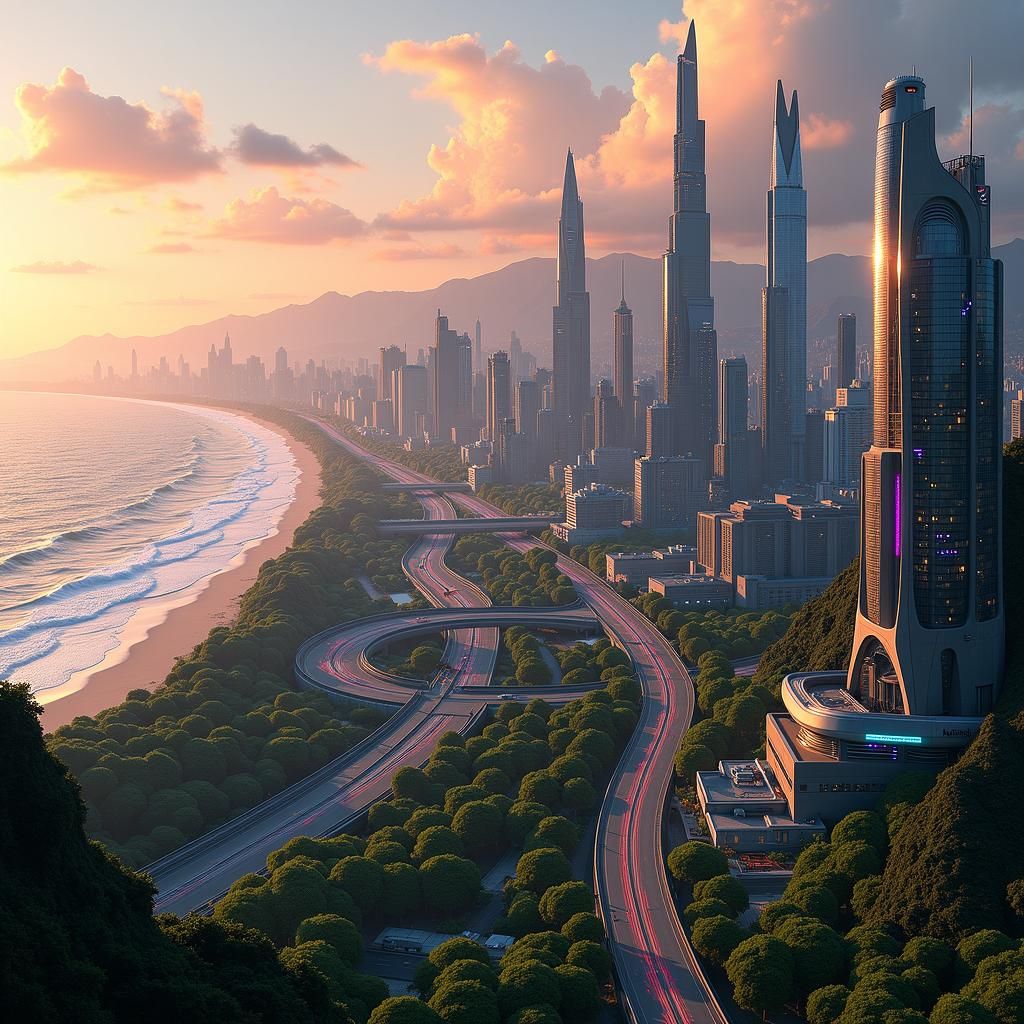 Futuristic Metropolis on Coastline: Neo-Futurist Cityscape
