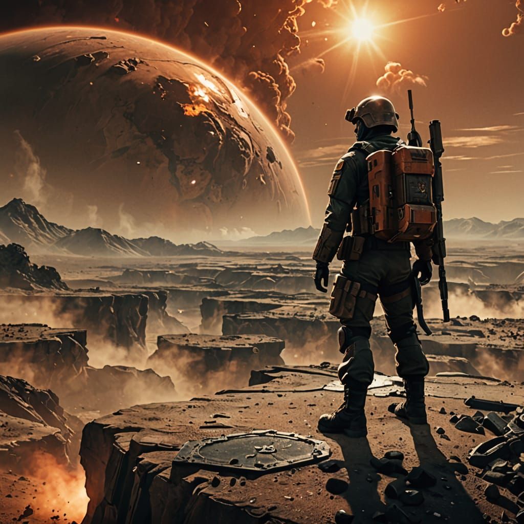 Battle-Scarred Exoplanet Landscape in Cinematic Film Style