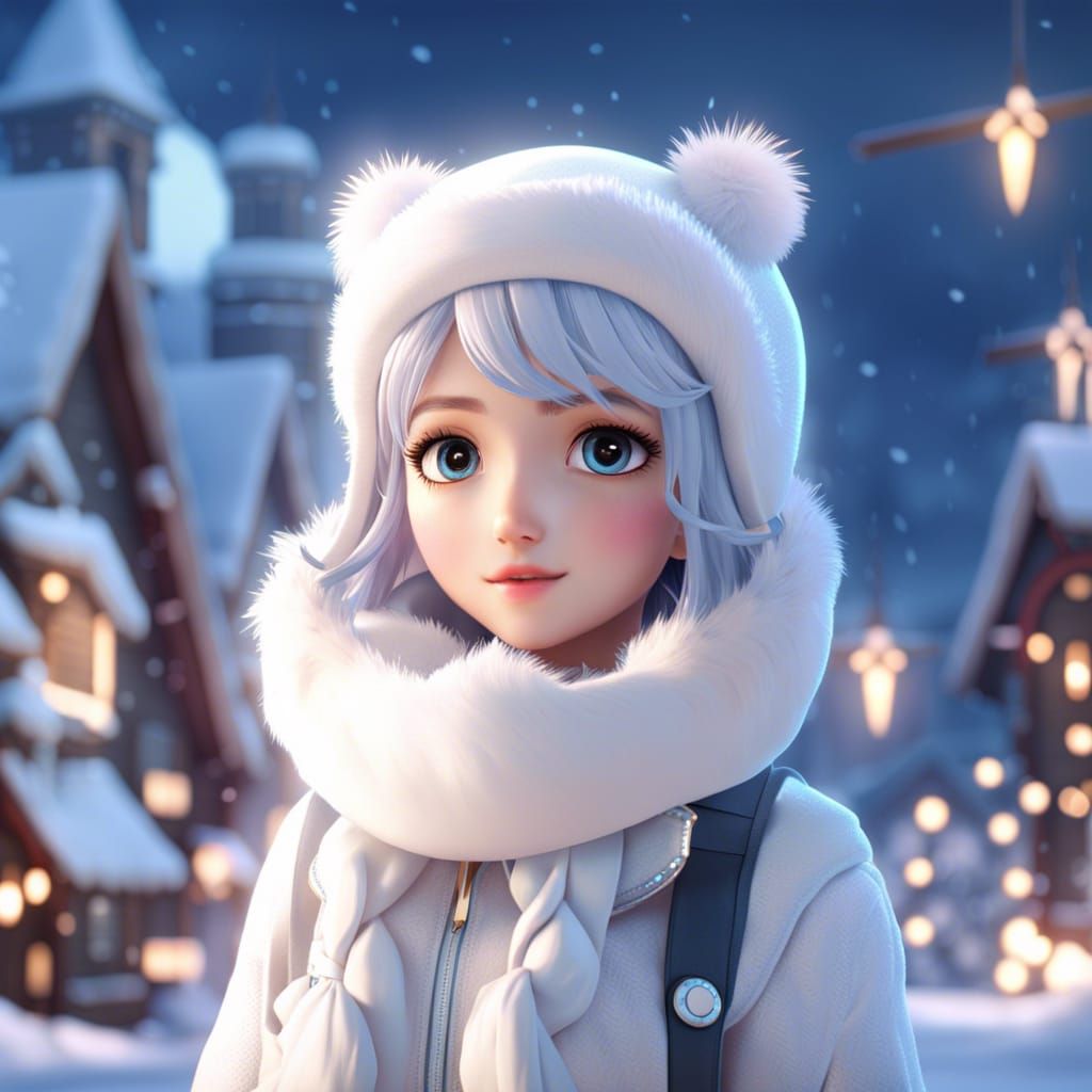 Hyper Cute Anime Girl in Snowy Winter Scene